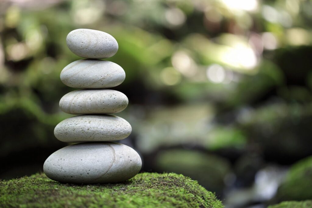 Stacked smooth stones on moss — symbolizing balance, stability, and natural growth.